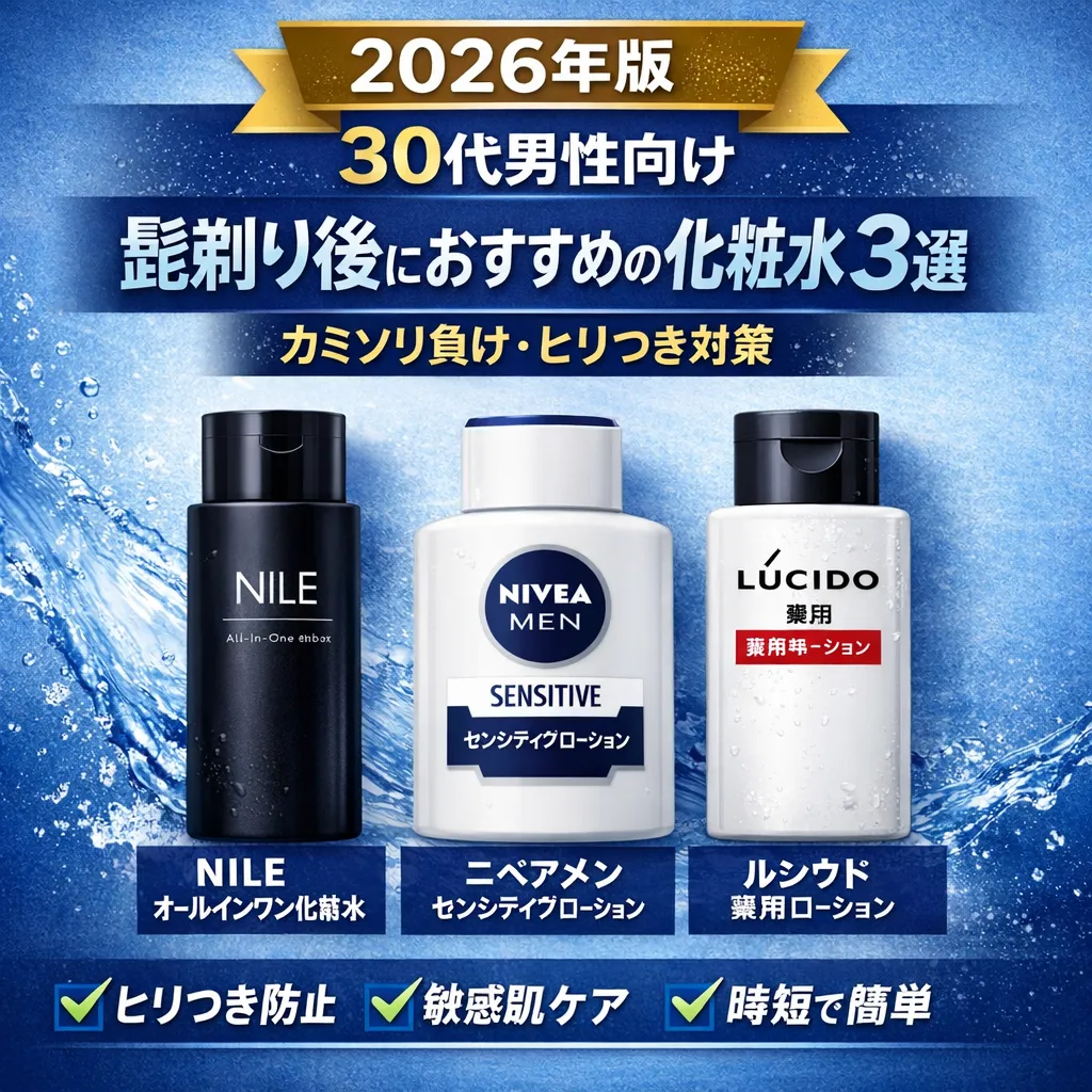 30代男性向けの髭剃り後におすすめの化粧水3選を紹介するアイキャッチ画像。NILE、ニベアメン、ルシードを掲載。