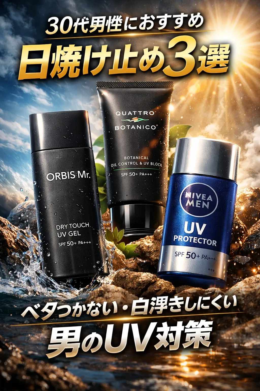 30代男性におすすめの日焼け止め3選を紹介する美肌テックの記事アイキャッチ