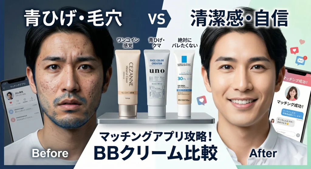 マッチングアプリの初デートに向け、BBクリームで青ひげや毛穴を隠し、清潔感と自信を手に入れたBefore/Afterの30代男性と、推奨BBクリーム。
