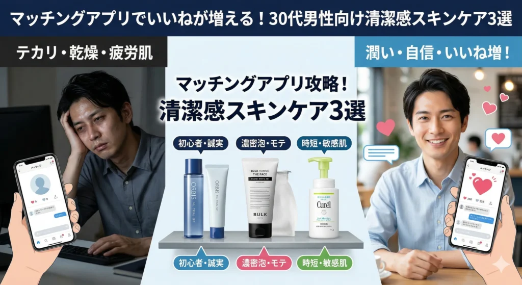 マッチングアプリで「いいね」を増やすため、PC作業で疲れたインナードライ肌をスキンケア（オルビス、バルクオム、キュレル）で改善し、清潔感と自信を手に入れた30代男性のBefore/After。